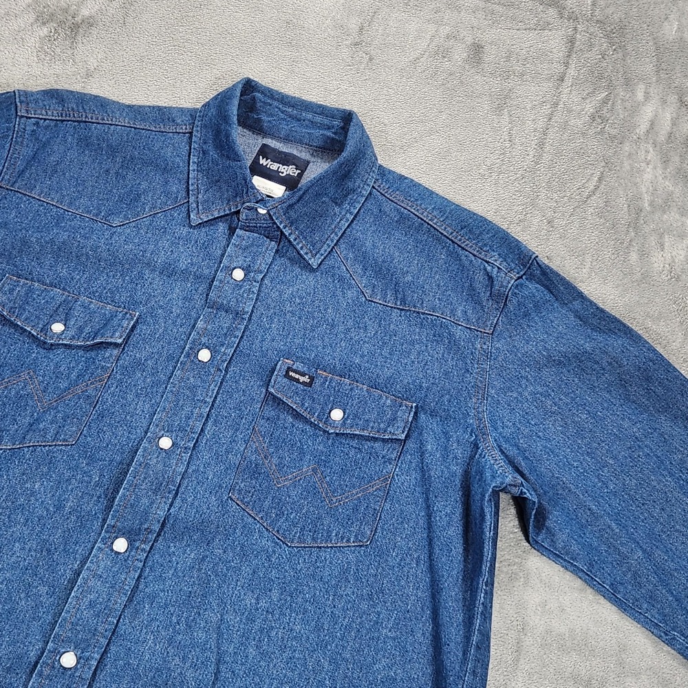 Wrangler Shirt Mens XL Blue Denim Western Pearl Snap Long Sleeve Cowboy Workwear - Picture 7 of 13